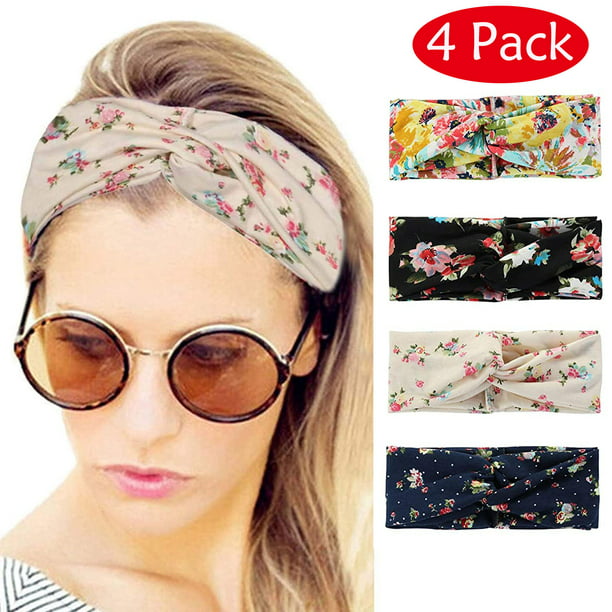 4 Pack Boho Style Cross Elastic Head Wrap Multicolor Hair Bands Leaf Pattern Fashion Twisted Hair Accessories Womens Headbands 